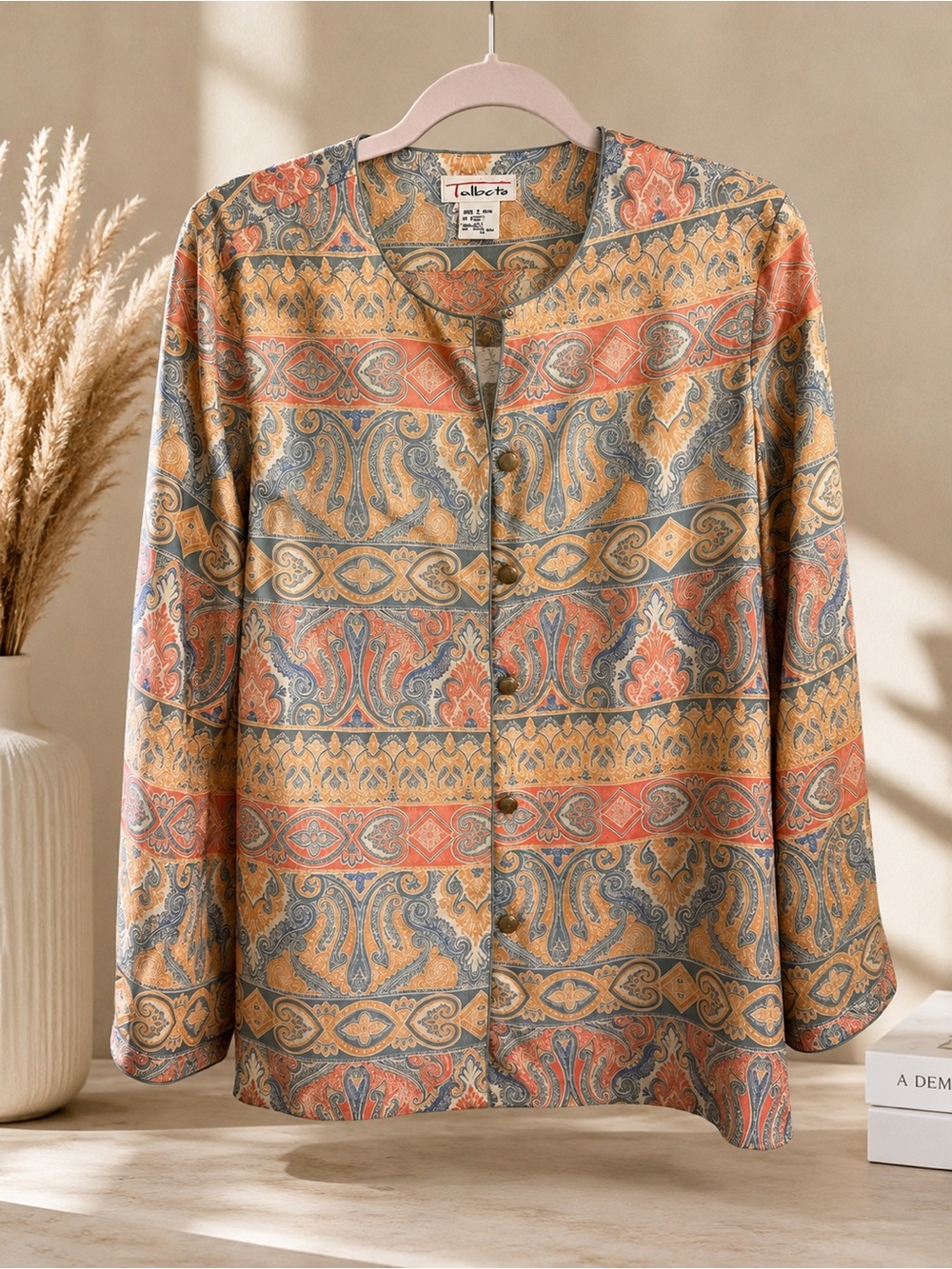 Talbots Coral, Mustard & Slate Paisley Silk blouse size 10